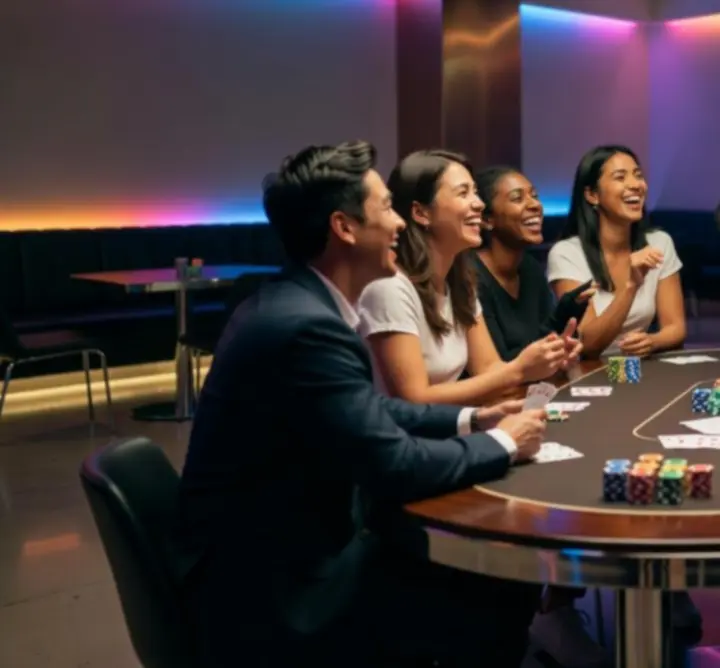 Skupina mladých lidí hraje offline poker u stylového stolu v přátelské atmosféře